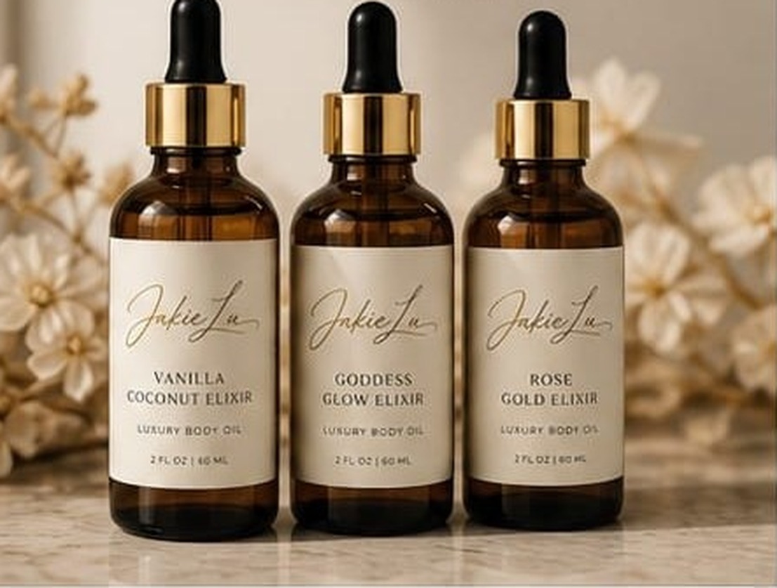 The Jakie Lu elixirs trio — Vanilla Coconut, Goddess Glow, Rose Gold body oils