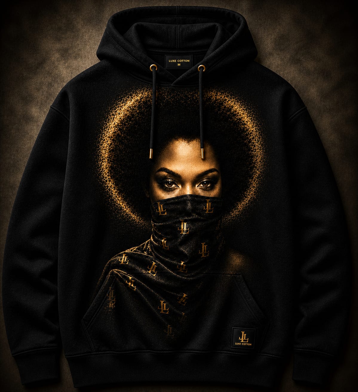Jakie Lu Hoodie — Bravo — black heavyweight fleece with gold halo portrait and LL gaiter print