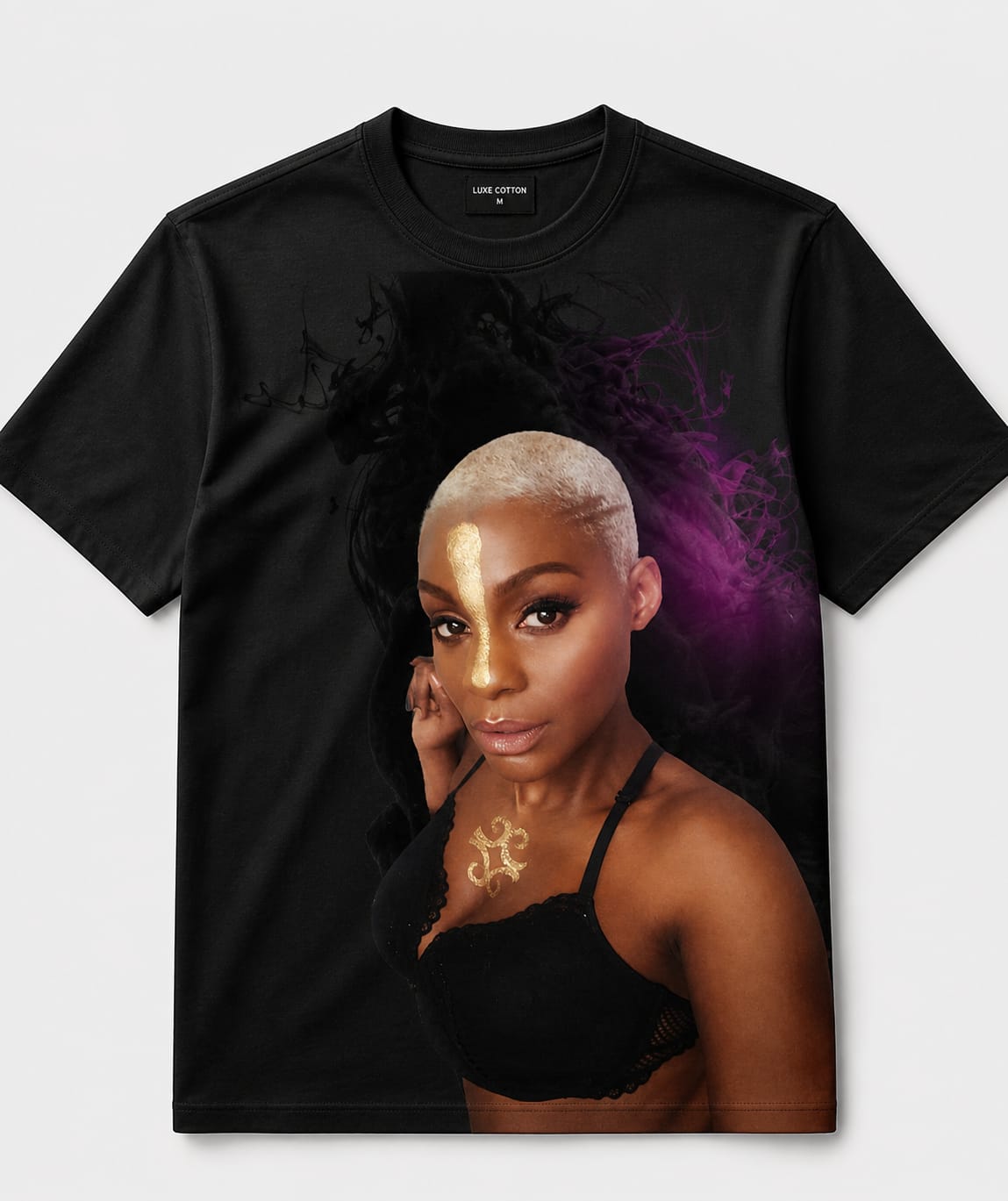 Jakie Lu Velvet 2 — color portrait in violet smoke, gold accent on heavyweight black cotton