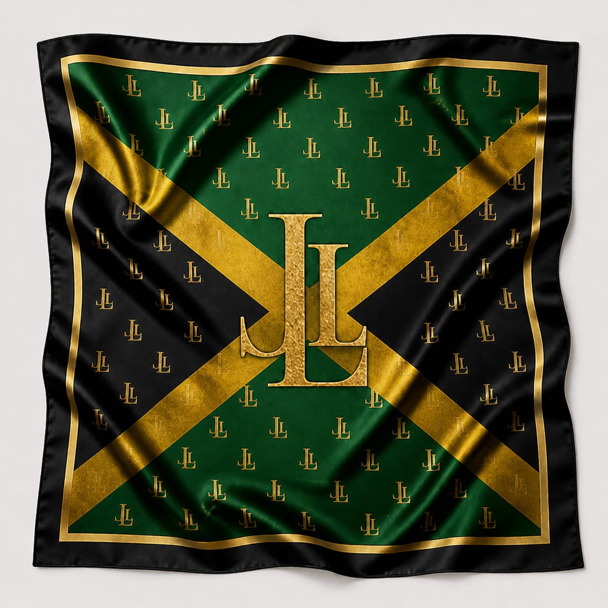 The Jakie Lu Scarf — Jamaica — gold JL monogram on Jamaican flag silk