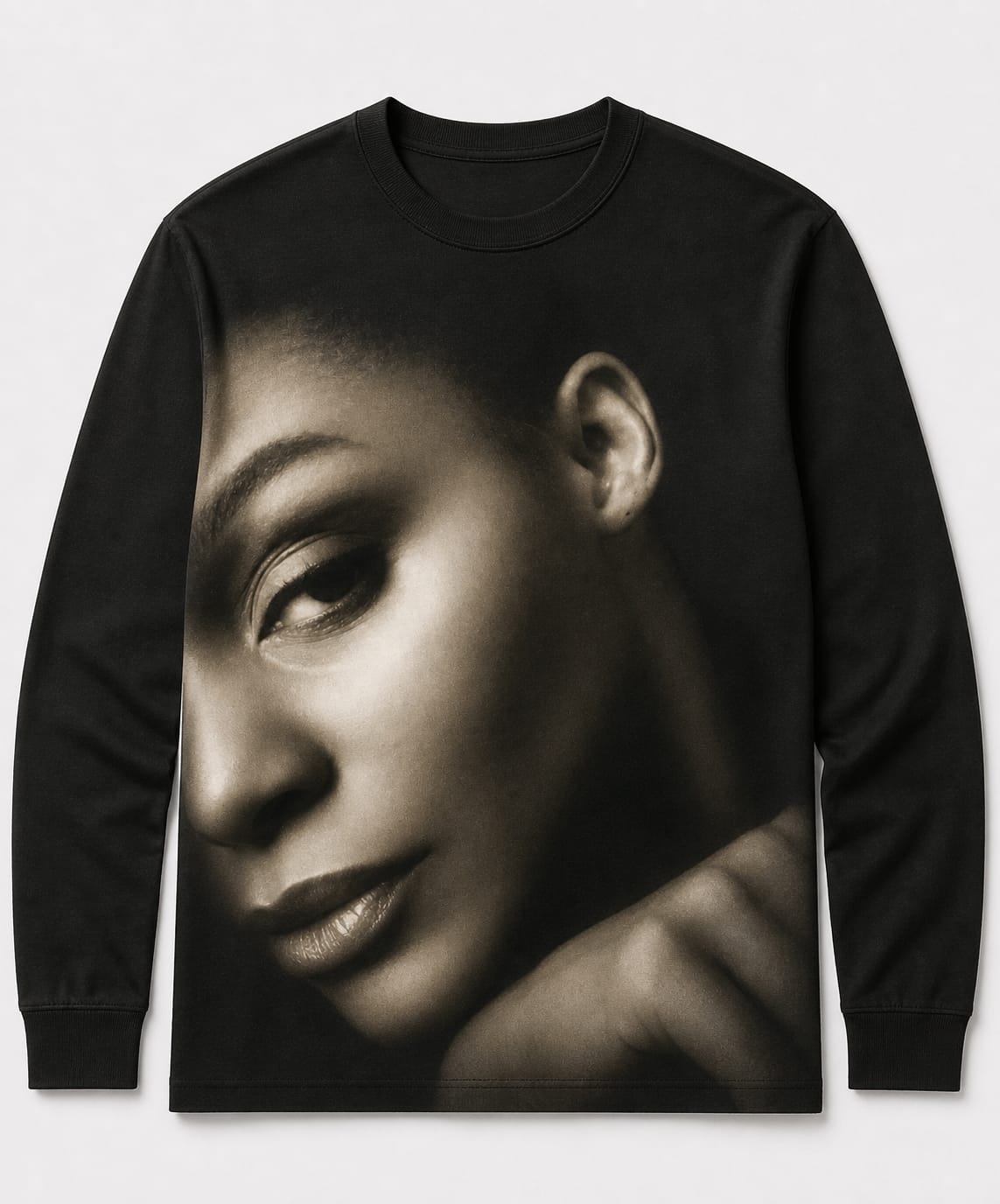 The Jakie Lu Signature Tee — sepia portrait on heavyweight black cotton