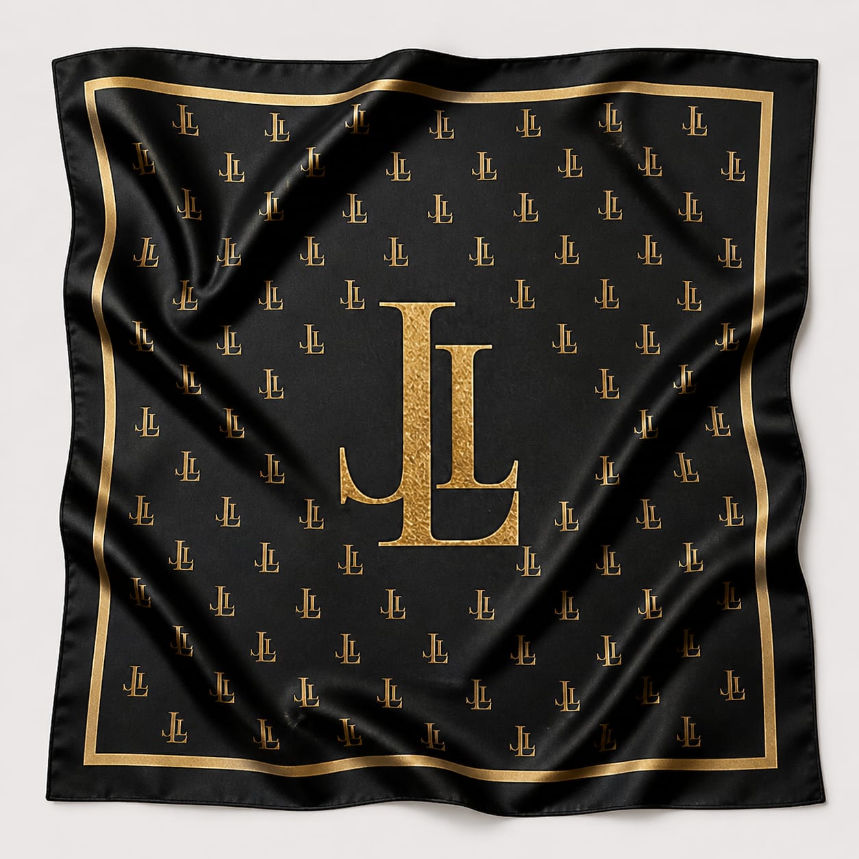 The Jakie Lu Silk Scarf — gold JL monogram on black silk