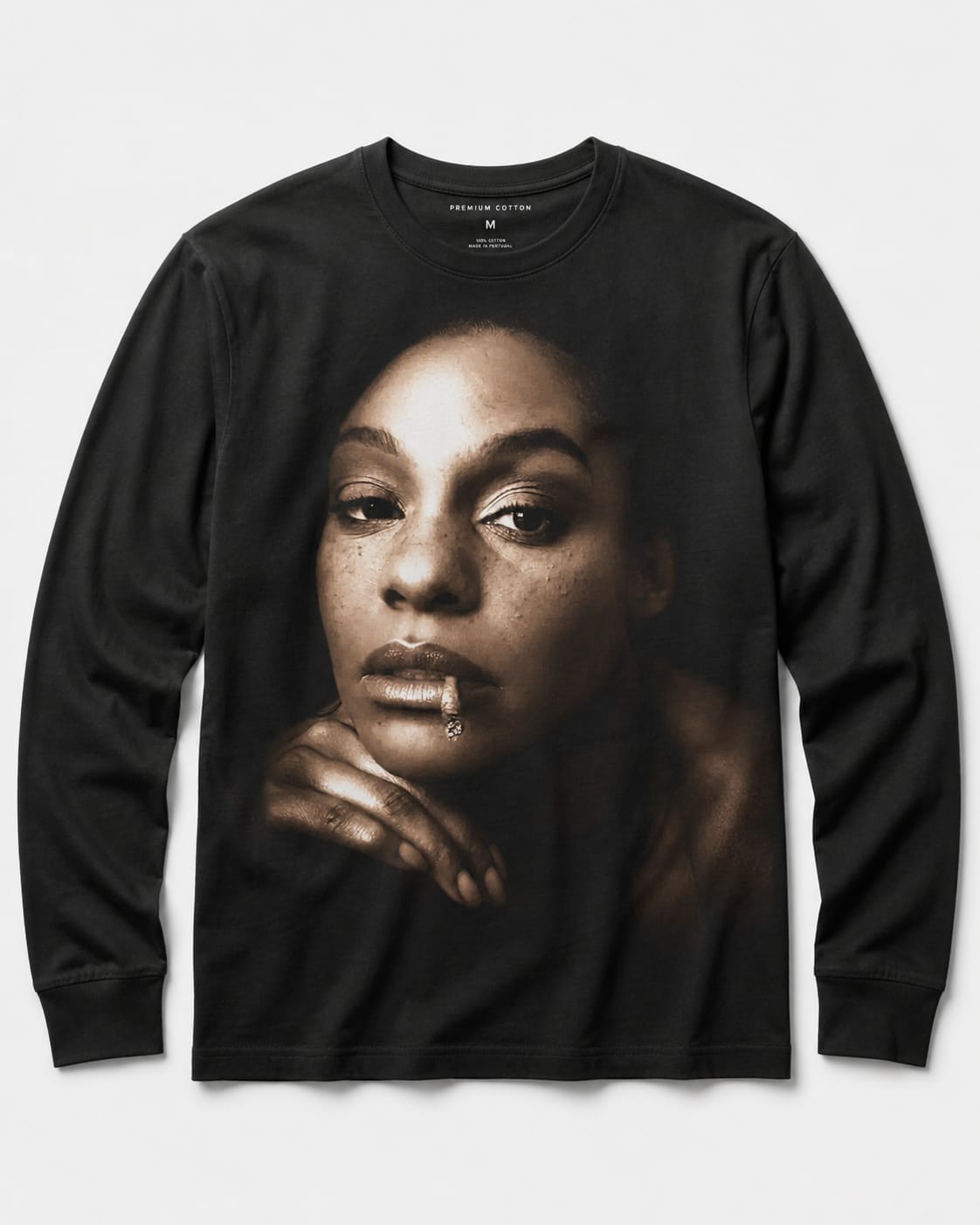 The Jakie Lu Signature Tee — sepia portrait on heavyweight black cotton