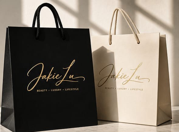The Jakie Lu packaging — black and cream shopping bags signed in gold cursive